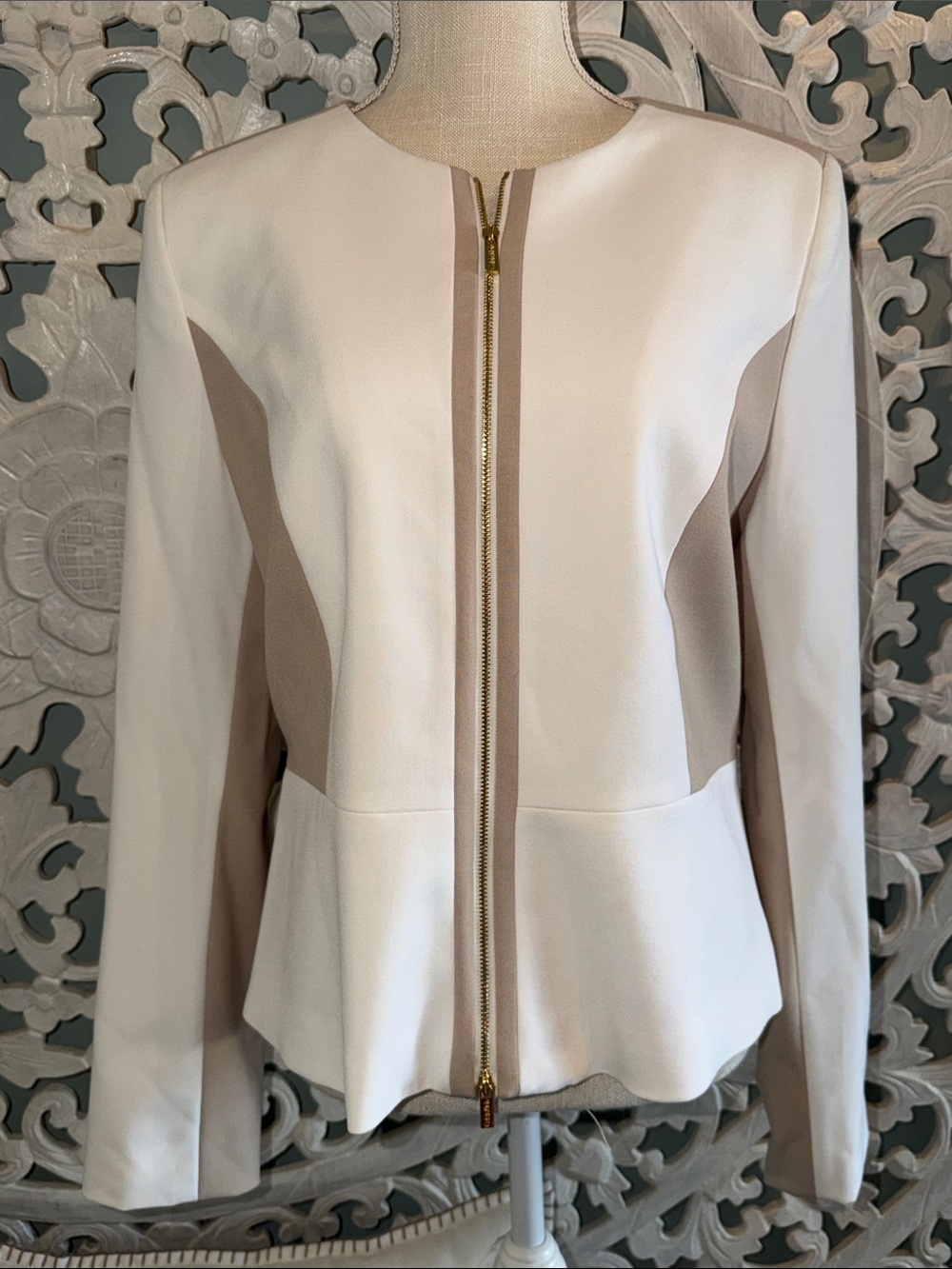 Calvin Klein Cream and Taupe Zip-Peplum Jacket